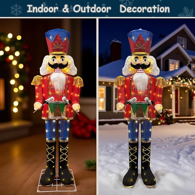 5FT Outdoor Christmas Lighted 3D Nutcracker with Drum,100 LEDs Lighted-up,Outdoor Lighted Holiday Displays with Stakes & Zip Ties for All-Weather Christmas Yard Decoration, Porch, Lawn