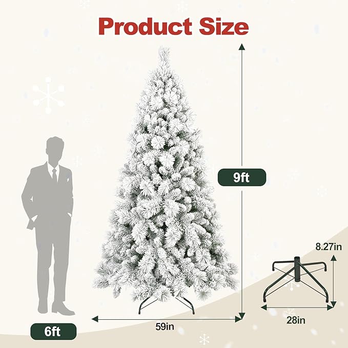 9 Ft Unlit Snow Flocked Christmas Tree, Artificial Xmas Tree with 1964 PVC/PE Realistic Branch Tips, Metal Stand Decor for Holiday, Party, Home Easy to Assemble
