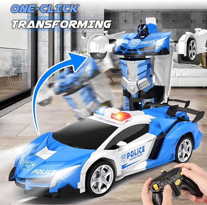 Transform Remote Control Car - Rc Cars, One-Button Transforming, 360° Rotation Drifting, 2.4ghz 1:18 Scale, Gift Kids Aged 4-6 Year Old Boys/Girls, Police Car Blue