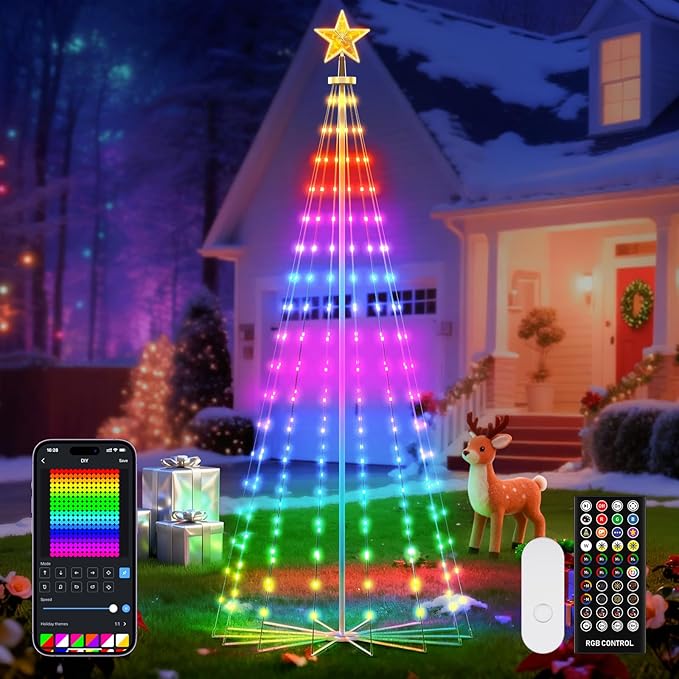 REYLAX 9FT Outdoor Christmas Cone Tree with 460 LEDs, RGB Color Changing Pre-lit Smart Christmas Tree Lights, DIY Lightshow, Music Sync, Outdoor Decoration Lights, App & Remote Control