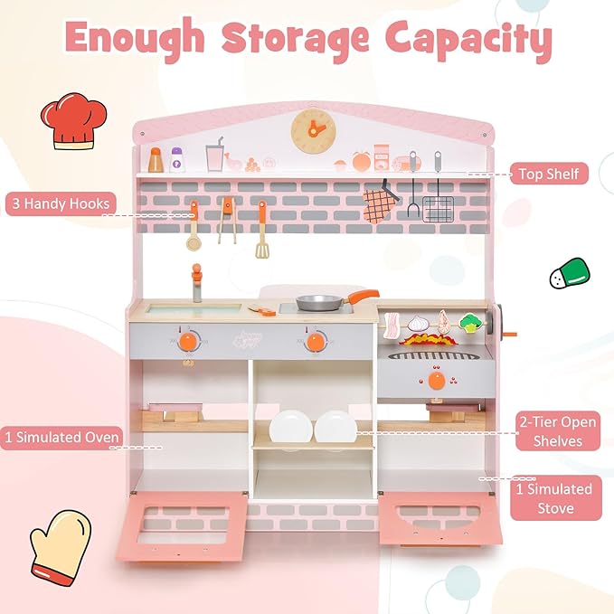 HONEY JOY Kids Kitchen Playset, 3-in-1 Double Side Wooden Little Chef Pretend Play Toy Kitchen Set for Toddlers & Barbecue Grill Set & Restaurant, Retractable Seat & Canopy, Gift for Boys Girls, Pink