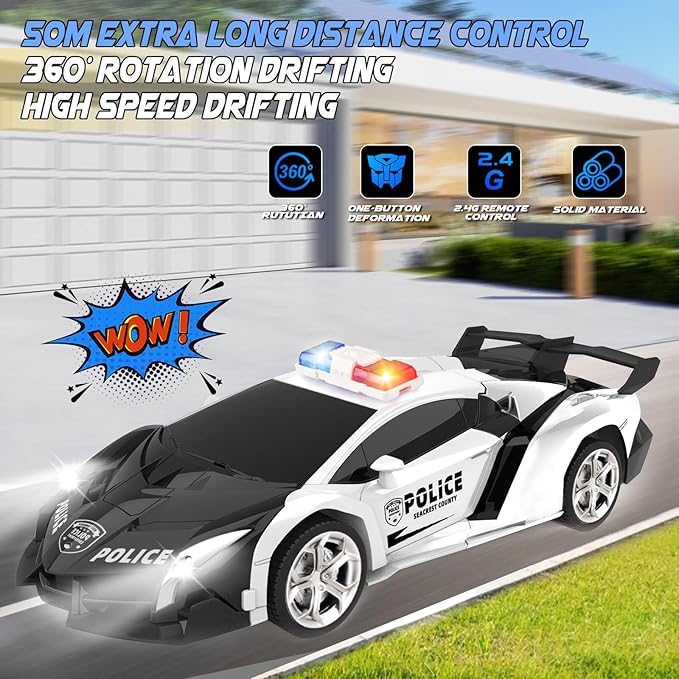 Transform Remote Control Car - Rc Cars, One-Button Transforming, 360° Rotation Drifting, 2.4ghz 1:18 Scale, Gift Kids Aged 4-6 Year Old Boys/Girls, Police Car Black