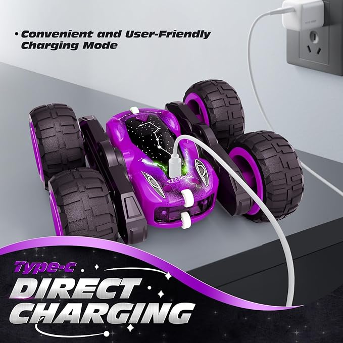 Tecnock Remote Control Car for Kids, 2.4GHz RC Cars with USB-C Easy Charging, 4WD Double Sided 360° Rotates and Flips RC Stunt Car, Toys Gift for Boys and Girls Ages 6-8, 8-12
