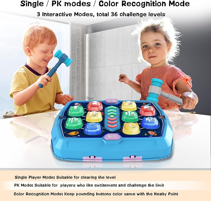 Hammer Mole Game for 3 4 5 6 Year Old Boys, Pounding Toys for Age 3-5, 3 Modes & Light Interactive Toddlers Toy with 2 Hammer, Baby Toy Gifts for Early Learning, Birthday Gift for Toddler Boy Girl