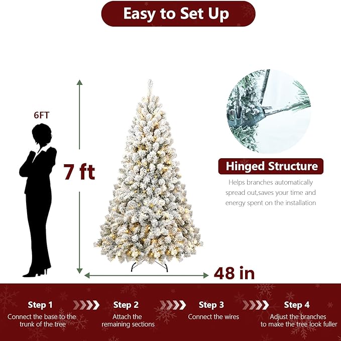 7ft Per-Lit Snow Flocked Christmas Tree, Artificial Christmas Tree with 400 Warm White Lights,1072 Branch Tips, Premium Green Full Xmas Tree for Easy Holiday Setup, Foldable Metal Base