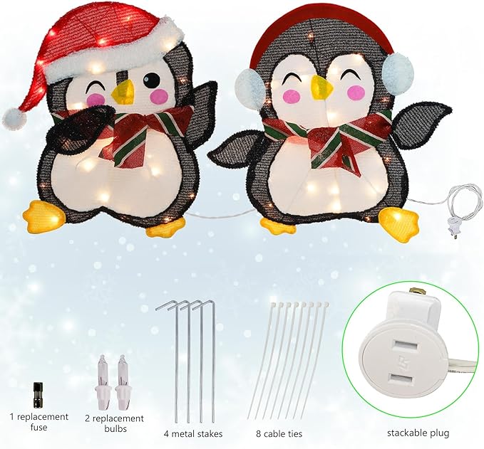 Hausse Set of 2 Lighted Christmas Penguins Decorations, Pre-Lit 2D Tinsel Cute Penguin with Incandescent Lights, Light Up & Plug in for Indoor Outdoor Xmas Winter Holiday Yard Lawn Garden Decor