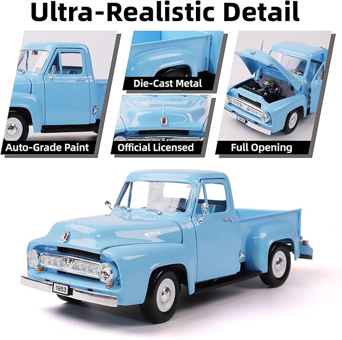 1953 Ford F-100 Pickup Truck 1/18 Scale Die-Cast Metal Model Alloy Collection Cars with Display Case, with Opening Doors, Best Gift for Men, Dad & Kids 14+ Years(Light Blue)