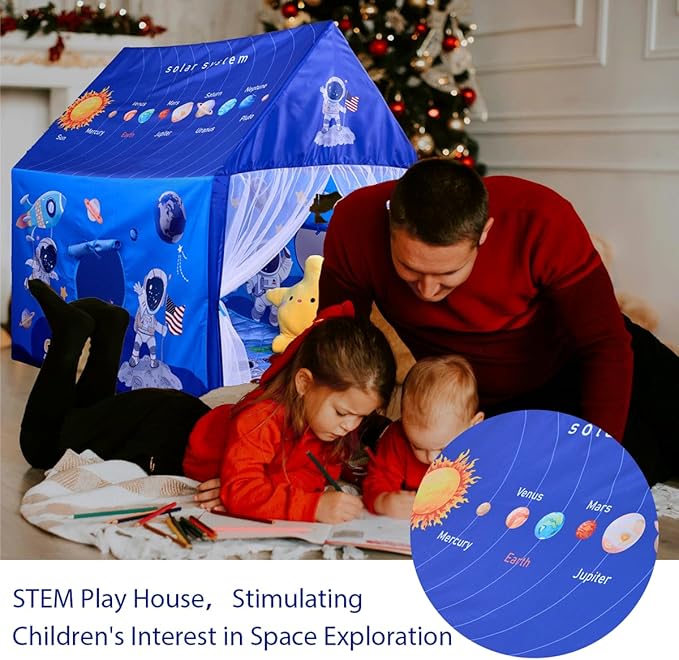 Space Rocket Ship Kids Tent with Mat, Star Lights for Boys & Girls Aged 3+ Toddler for Indoor Outdoor Playhouse Tent Set Sizes 47×46.8×38.1In,Washable