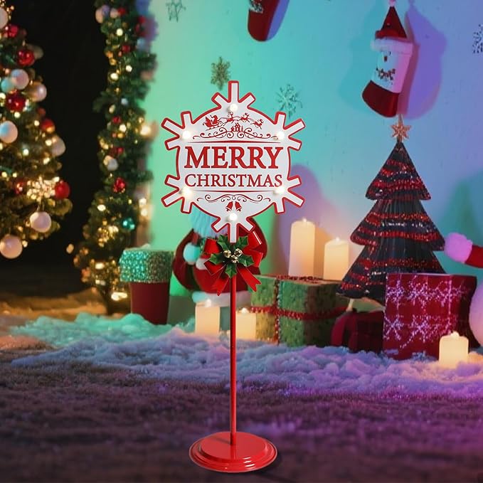 Merry Christmas Sign with LED Light Battery Operated with Timer Christmas Signs with Base Xmas Holiday Decorations Patio Lawn Yard Outdoor Display Decor