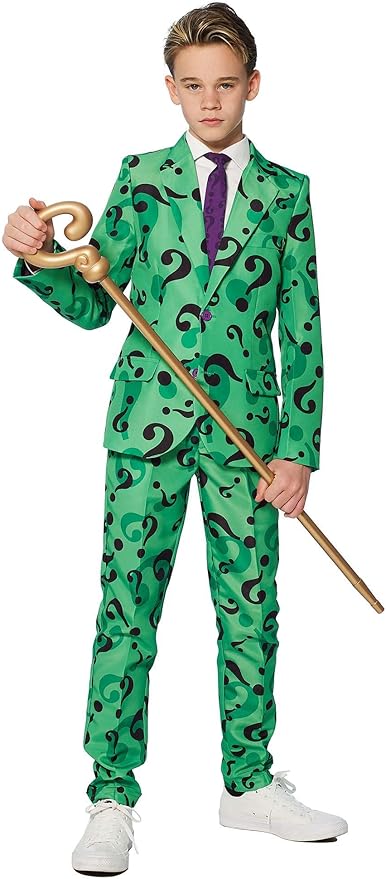 SUITMEISTER Boys Halloween Riddler Suit Costume Cosplay Party Kids Slim Fit Blazer Jacket, Pants & Tie in Green