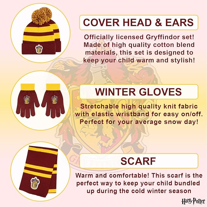 Harry Potter Winter Hat and Gloves with Set, Gryffindor, Slytherin, Hufflepuff, Ravenclaw, Winter Set 5-13 Year Olds