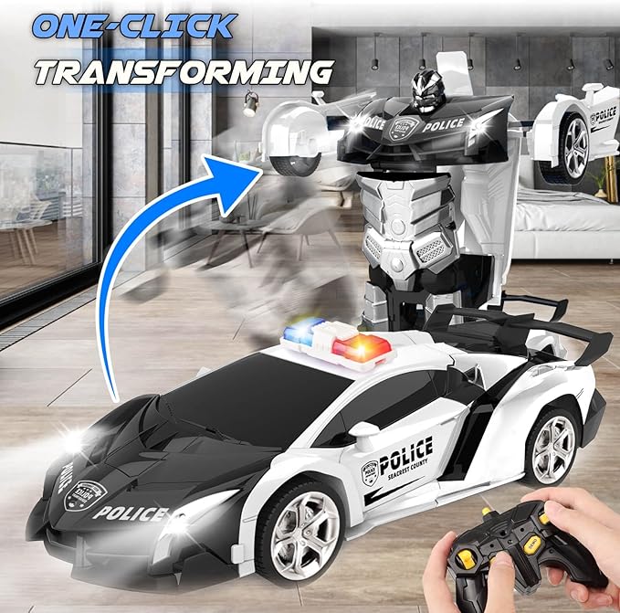 Transform Remote Control Car - Rc Cars, One-Button Transforming, 360° Rotation Drifting, 2.4ghz 1:18 Scale, Gift Kids Aged 4-6 Year Old Boys/Girls, Police Car Black