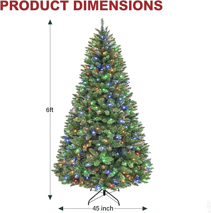 Hykolity 6ft Artificial Christmas Tree, Pre-Lit Christmas Tree with 250 Color Changing LEDs, 1032 Realistic Tips, Hinged Design & Metal Base, 10 Modes