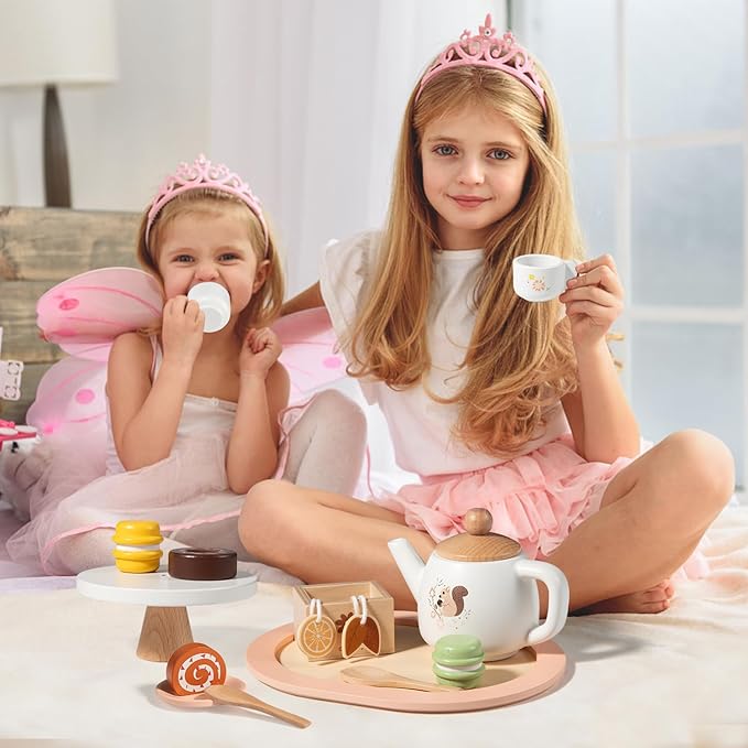 OMYBaby Wooden Tea Set for Little Girls, 19pcs Party Playset With Teapot, Cups, Dessert Stand, Macaroons, Cakes & Tray, Time Playset Pretend Play Kitchen Toys Gift for Girls & Toddlers 3Y+