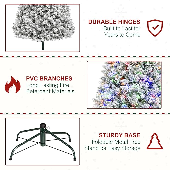 7.5ft Lighted Snow Flocked Christmas Tree, 450 Multicolor LED Lights, Artificial Christmas Tree with 1446 Branch Tips, Metal Stand & Hinged Branches for Decoration, 10 Modes