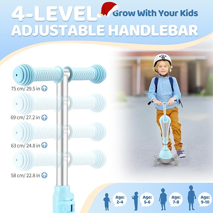 3 Wheel Scooter for Kids Ages 2-10 Years, 2 in 1 Kick Kids Scooter with Swivel Seat, Flashing Wheels and Light up Deck, 4 Adjustable Heights, Lean to Steer, Suitable for Boys & Girls Aged 2+