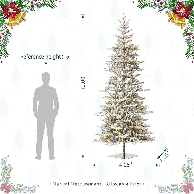 Glitzhome Prelit Christmas Tree, 10ft Artificial Christmas Tree with Easy Assembly Metal Stand, Deluxe Flocked Christmas Tree Majestic Frostfall Fir with 700 Warm White Lights for Holiday Decoration