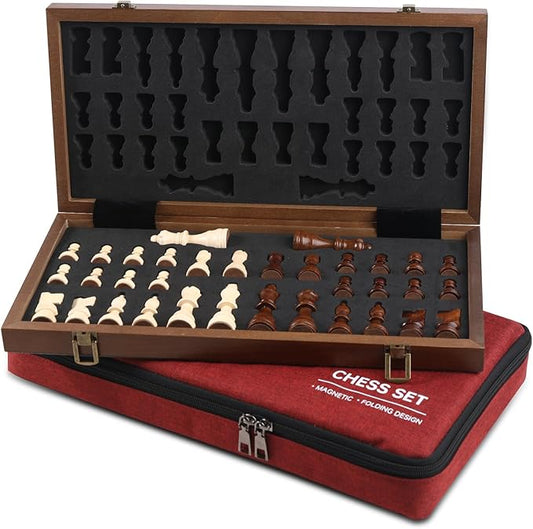 Magnetic Wooden Chess Set 15'' Folding Chess Board, Portable Travel Chess Set Games with Chessboard Bag, Beginner Chess Set for Tournament Professional Beginner
