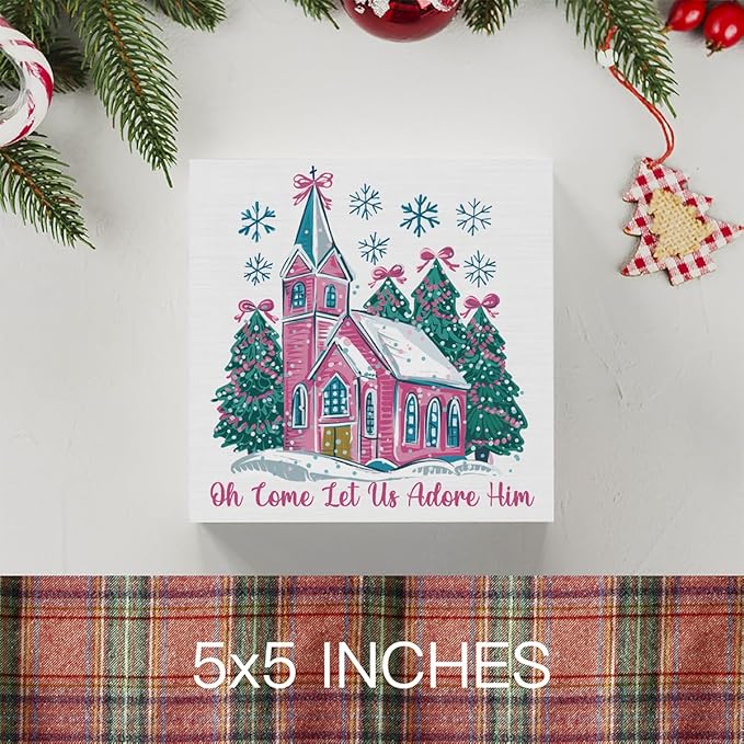 Oh Come Let Us Adore Him Sign, Jesus Christmas Tree Decor, Christian Christmas Decoration for Home Office Desk Table Shelf 5 X 5 inch