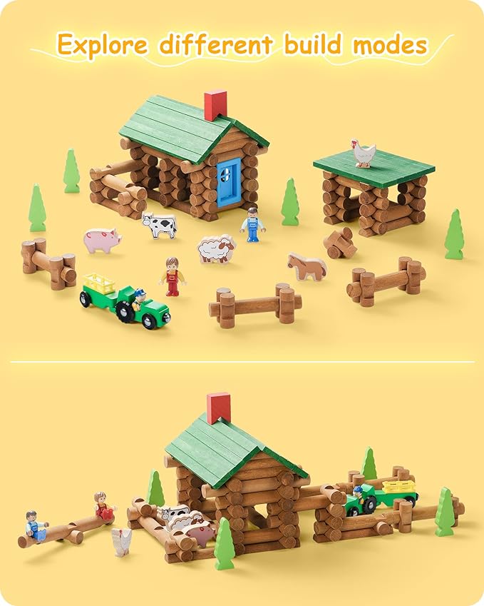 SainSmart Jr. Wooden Log Cabin Set Farm Building House Toy for Toddlers, 122 PCS Classic STEM Construction Kit with Colorful Wood Logs Blocks for 3+ Years Old