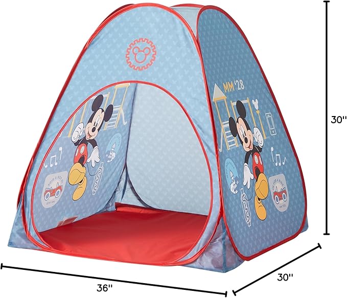 Disney Mickey Mouse 3 Piece Slumber Set with Kids Indoor Outdoor UPF 30+ Pop Up Play Tent with Pillow and Flashlight
