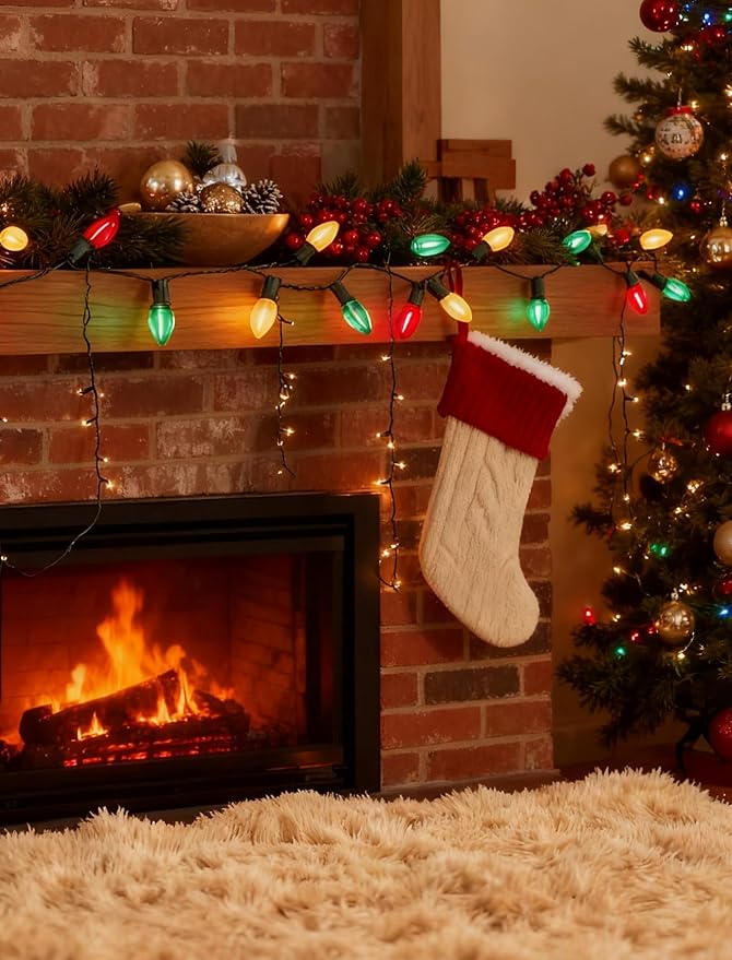 C7 LED Red White and Green Christmas Lights, 25Ft Outdoor Chritsmas String Lights Shatterproof with 27 LED Clear Multicolor Bulbs, Connectable Vintage Christmas Lights for Patio Garden Backyard Decor