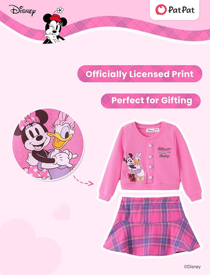 Disney Frozen Elsa Stitch Princess Moana Minnie Toddler Girl 2 Piece Outfit Kid Pearl Button Knit Top & Tweed Skirt Set 2-13Y