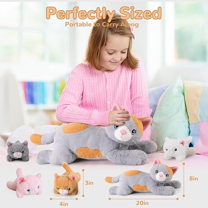 5 Pieces Cat Stuffed Animals with Babies Inside Belly - 1 Mommy Stuffed Cat with 4 Kittens - Stuffed Kitty Plush Toys for Kid Age 3-8, Gift Ideal for Christmas, Valentine's, Birthday (Grey)