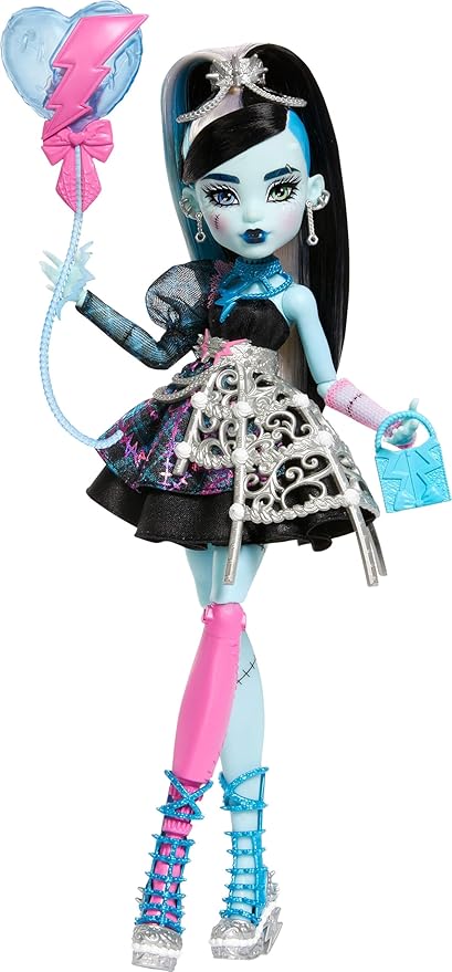 Monster High Scary Sweet Birthday Doll, Frankie Stein in Black Party Dress with Themed Accessories Like Invite, Balloon, Toy, Lipstick and More