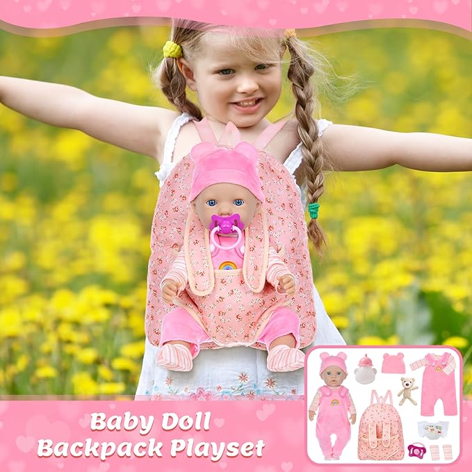 Baby Doll Clothes with Doll Backpack Carrier for 14-18 Inch Doll,Reborn Baby Doll Accessories Set with Doll Bottles Doll Pacifiers for Toddlers and Kids 2 3 4 5 Year Old（Doll not Included）