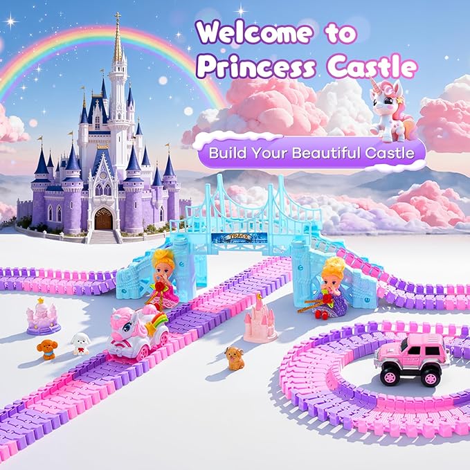 Unicorn Race Tracks for Kids Ages 3-8, 224 PCS Princess Car Toys with Magic Bendable, 2 Monster Truck, Flexible DIY Track Set, Christmas Birthday Gifts for 3 4 5 6 Year Olds Kids Toddler Girls