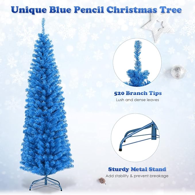 HAPPYGRILL 6 Feet Blue Pencil Christmas Tree Artificial Slim Christmas Tree Skinny Xmas Tree with Metal Stand, Realistic Unlit Pine Tree with 520 Branch Tips for Indoor Outdoor