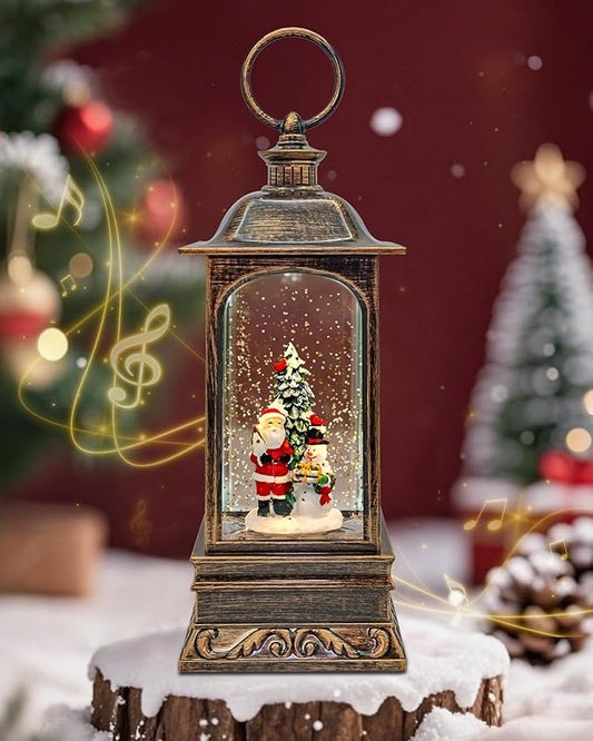 Musical Christmas Snow Globes Lantern, 11" Lighted Electric Snowglobes with 8 Holiday Songs, 6H Timer Dual Power, Santa & Snowman Christmas Ornaments Snow Globe for Kids Adults, Gifts for Men Women