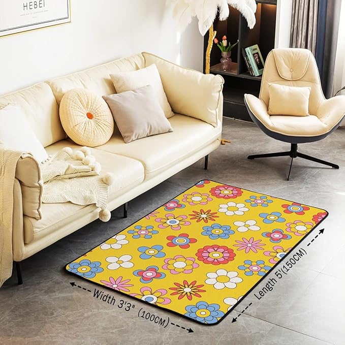 Erosebridal Cute Retro Groovy Flowers Area Rug 3x5 Kawaii Colorful Floral Rug for Kids Girls Bedroom,Cartoon 70S 80S Carpet Hippie Aesthetic Non Slip Living Room Rugs