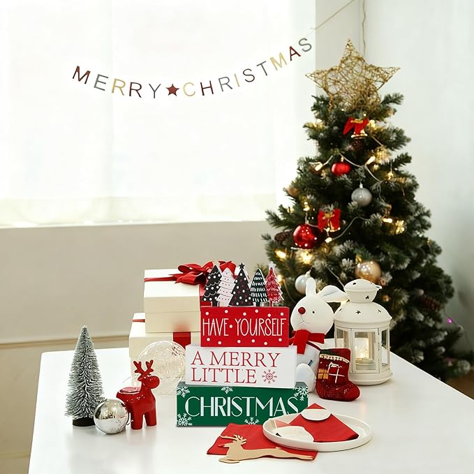 4 Pcs Christmas Table Decor Christmas Tree Wooden Table Decorations Winter Tiered Tray Decor christmas Centerpieces Rustic Decorative Tree Block Signs Gift Xmas table Sign for Home kitchen Shelf