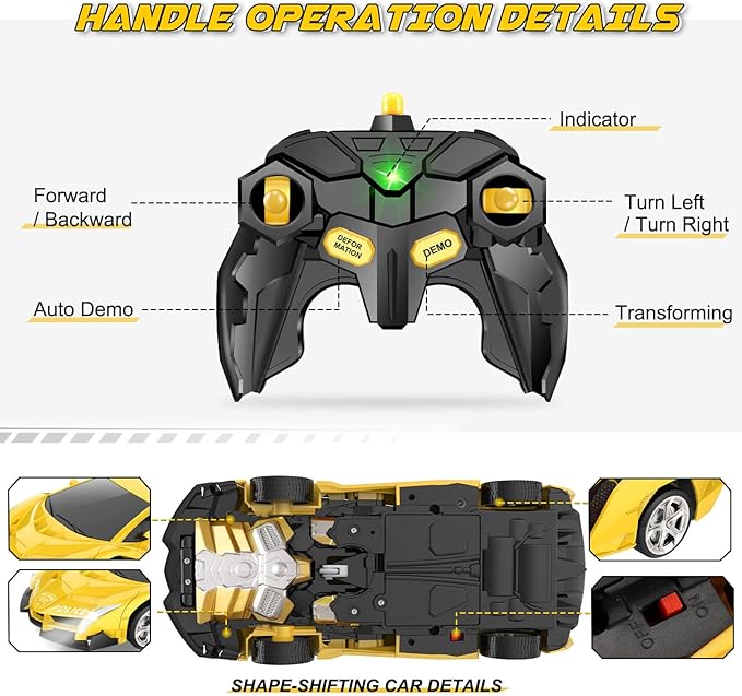 Transform Remote Control Car - Rc Cars, One-Button Transforming, 360° Rotation Drifting, 2.4ghz 1:18 Scale, Gift Kids Aged 4-6 Year Old Boys/Girls, Police Car Yellow