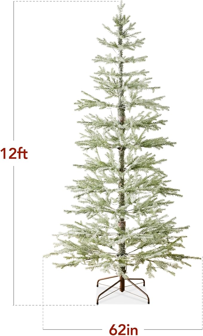 Best Choice Products Pre-Lit Sparse Christmas Tree 12ft Artificial Flocked Pine Holiday Décor Aspen Noble Fir White & Multicolor LED Lights- Green