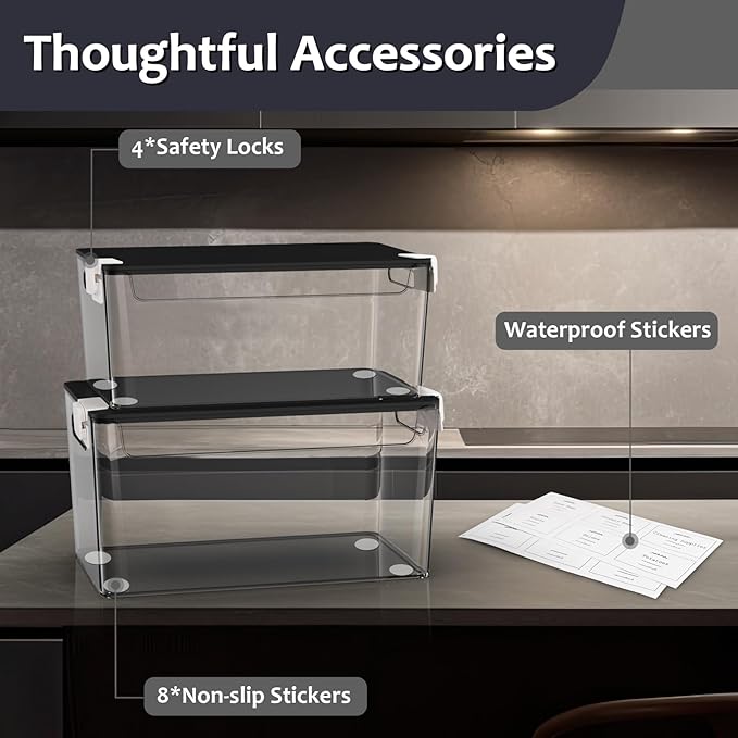 2 Pack Trash Bag Holder Under Sink Stackable, Plastic Garbage Bag Dispenser with Lid, Trash Bag Storage Dispenser Roll Holder for Kitchen, Pantry, Laundry Room Organization (Black Lid)