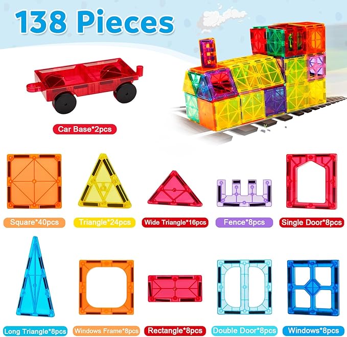 Ryoichi 138PCS Magnetic Building Tiles Set with 2 Cars, STEM Educational Construction Blocks & Montessori Learning Toys for Kids Ages 3-9+ Years