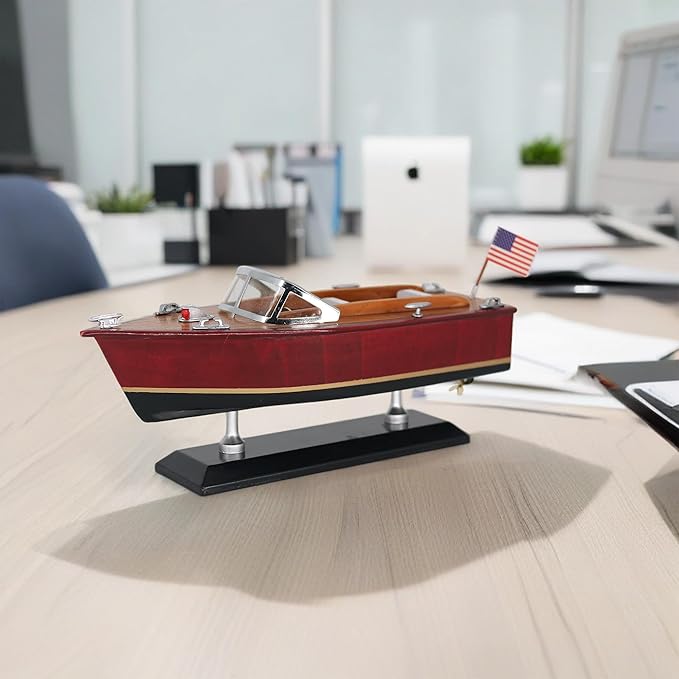 10" Wooden Speedboat Model Ship Sailing runabout 1/27 Scale Replica Nautical Decoration (10”, Burgundy)