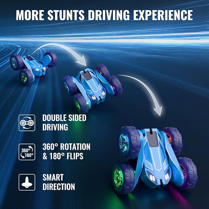 MaxTronic Remote Control Car, Rechargeable RC Cars & Remote Controller - 20km/h Double Sided 360° Rotation Stunt Stunt Crawler with LED Lights for Boys Girls Aged 3-13