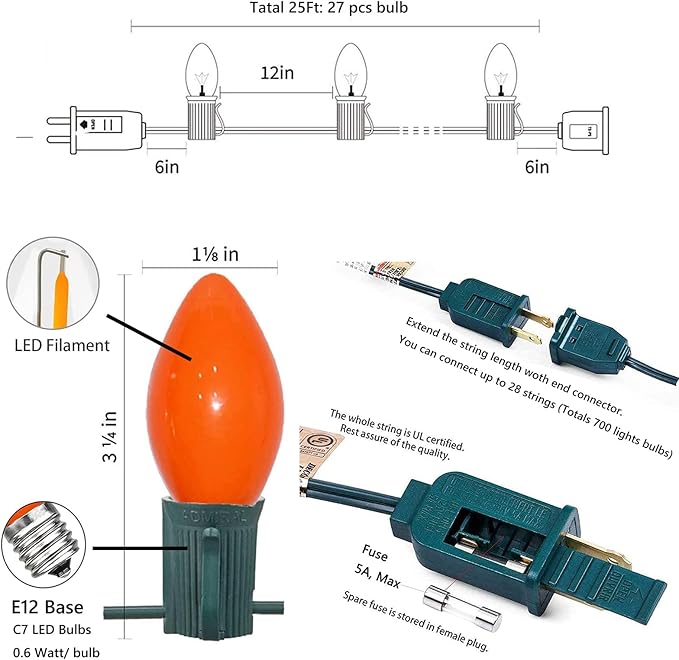 C7 LED Outdoor Christmas Lights, 25Ft Vintage Christmas String Lights Shatterproof with 27 C7 LED Multicolor Bulbs, Hanging Colorful Christmas Light for Xmas Tree Patio Party Roofline Garden Decor