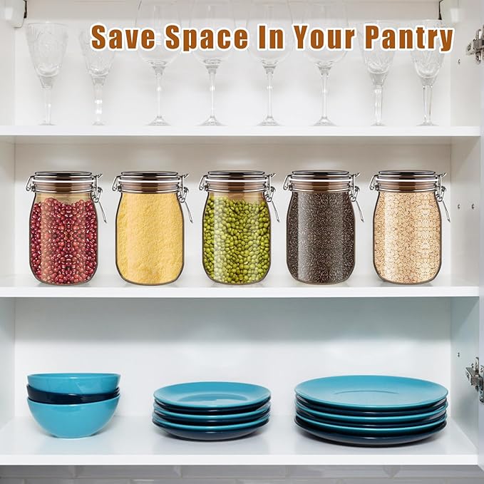 2 Pcs PET Plastic Storage Jar with Clamp Lid Empty Food Storage Container Bottle Large Refillable Canister For Nuts Sugar Coffee Candy Cookie Tea Spices And More (amber, 1000ml/33oz)