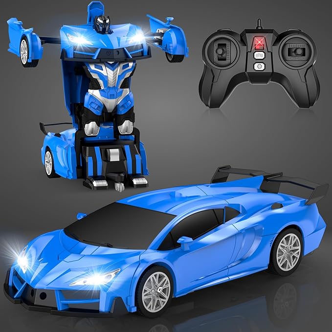 Remote Control Car，Transform Robot RC Cars with Cool LED Headlights, 2.4Ghz Toys Car with 360 Degree Rotation and One-Button Deformation, Christmas Birthday Gifts for Boys Girls(Blue)