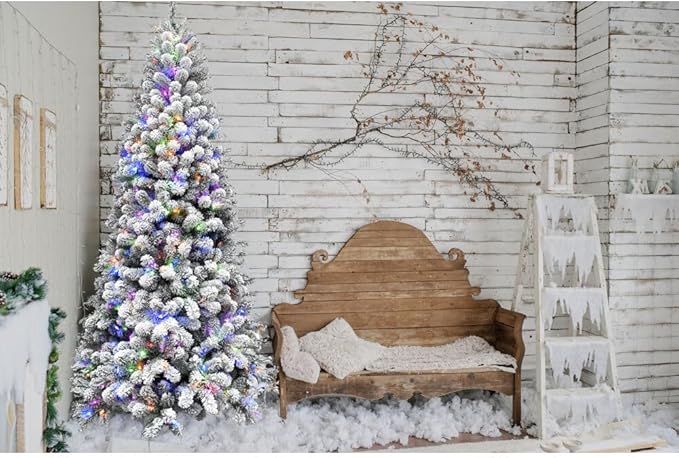 Fraser Hill Farm 7.5-Ft. Alaskan Pine Flocked Artificial Christmas Tree with Dual Multicolor & Warm White LED Lights and Stand, Prelit Foldable Fake Tree with Realistic Snowy Foliage for Home Decor