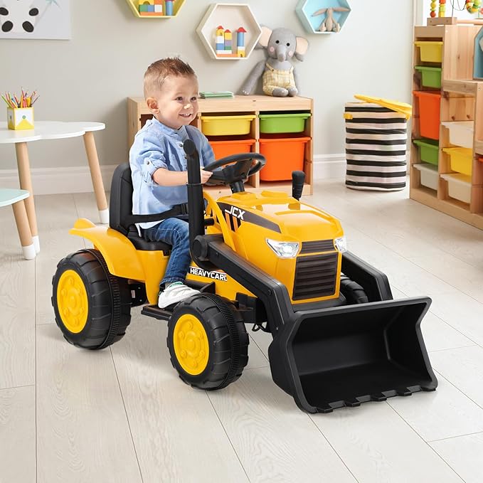 HONEY JOY Ride on Excavator, 12V Battery Powered Wheeled Loader Digger Kids Bulldozer w/Adjustable Digging Bucket, Headlights, Music, Horn, Slow Start, Electric Construction Vehicle for Kids, Yellow