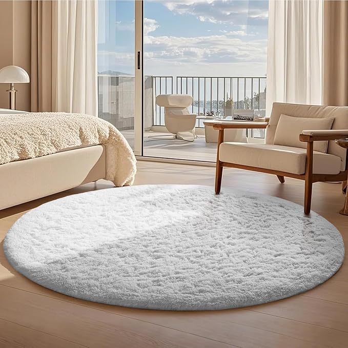 Ophanie Round Rug 7Ft White Circle Area Rug, Aesthetic Room Decor, Fluffy Fuzzy Bedroom Carpet, Plush Soft Shaggy Living Room Rugs for Kids Home Decor, Nursery