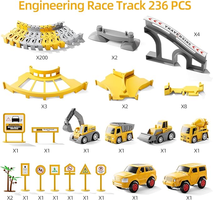 iHaHa Toddlers Construction Race Tracks Toys Gifts for 3 4 5 6 Years Old Boys Kids, 2PCS Electric Race Cars & 4 Pcs Construction Trucks, Birthday Gift Toys for Boys 2 3 4 5 6+