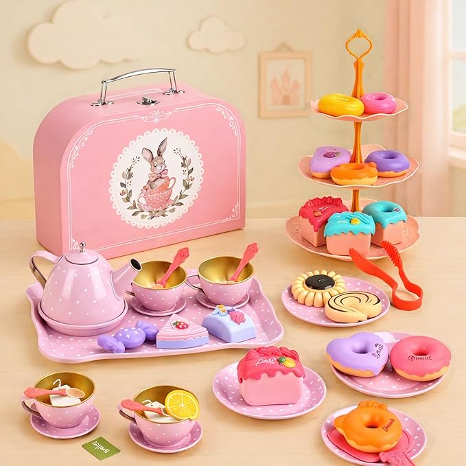 Tea Party Set for Girls – Princess Toddler Birthday Gift, Bunny Tea Time Toys with Teapot, Desserts, Cups, Plates & Carrying Case, Pretend Kitchen Playset for Kids Ages 3-8
