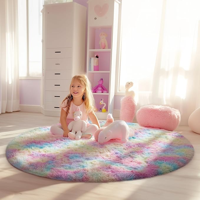 Ophanie Round Rug 4Ft Rainbow Circle Area Rug, Cute Room Decor for Teen Girls, Fluffy Fuzzy Bedroom Carpet, Plush Soft Shaggy Living Room Rugs for Kids Home Decor Aesthetic, Nursery